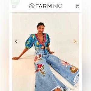 FARM RIO Ocean Stories Cotton Crop Top Blue Colorful Tropical Womens NEW L